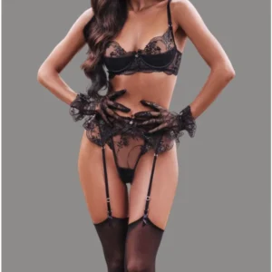 Ensemble de lingerie féminine brodée de fleurs, soutien-gorge, ceinture et culotte 3 pièces, avec gants et bas. Sous-vêtements séduisants et doux.