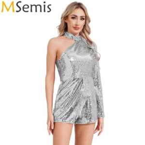 Combinaison-short à sequins scintillants pour femme, style disco, dos nu, une épaule, manches longues, short, idéale pour les soirées rave et les clubs.