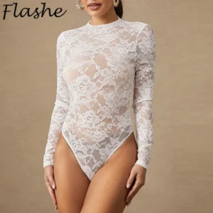 Combinaison sexy en dentelle pour femme, tenue de club tendance, manches longues, coupe slim, transparente, combishort, chemise blanche