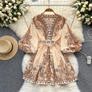 Robe élégante vintage à imprimé, col en V, manches longues, coupe trapèze, style lanterne, mode femme automne-printemps