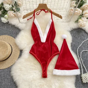Lingerie de Noël pour femmes : body sexy sans manches à Dentellets et décolleté plongeant en V, patchwork rouge et blanc, thème Père Noël.