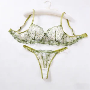 Lingerie une pièce en dentelle verte sexy, transparente et brodée, soutien-gorge à armatures souples, pure passion et douceur françaises ZA825194