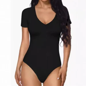 Combinaison moulante sexy et amincissante à manches courtes et col en V pour femme, style body, collection 2024.