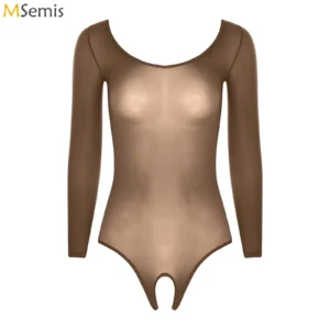 Lingerie féminine, justaucorps brillant à l'huile, maillot de bain une pièce, body décolleté ajouré à l'entrejambe ouverte, sous-vêtements, nuisette sexy à manches longues