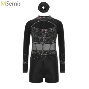 Combinaison de danse classique à strass scintillants pour enfants, tenue de gymnastique pour filles, justaucorps à manches longues ou sans manches avec short et coiffe